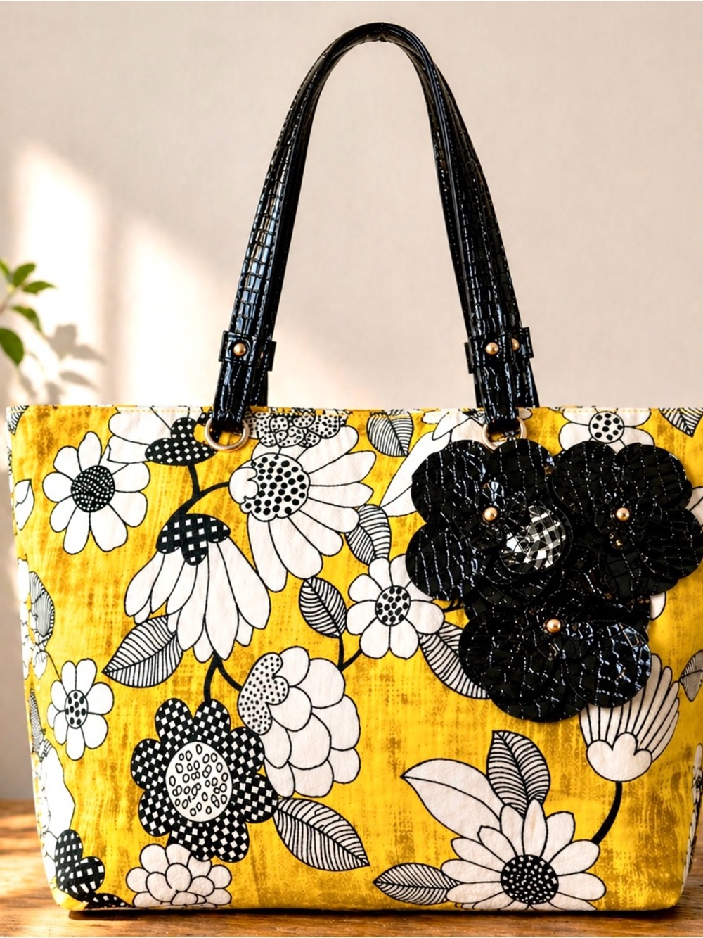 Yellow Floral Tote Bag Black Flower Detail Shoulder Summer Handbag Mother’s Day